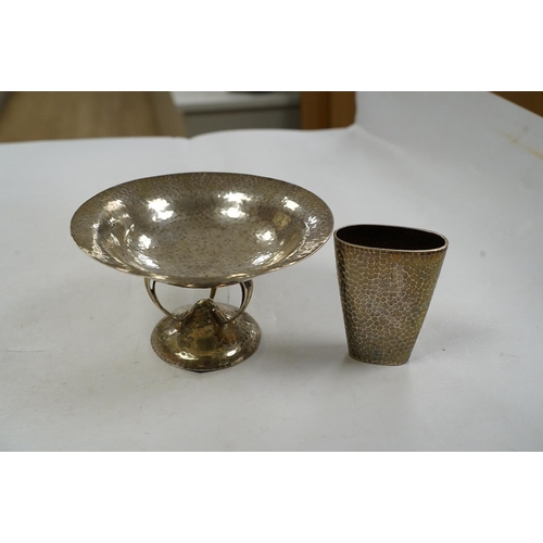 1851 - A George V Arts & Crafts planished silver bowl, on tripod supports and circular foot, Walker & Hall,... 