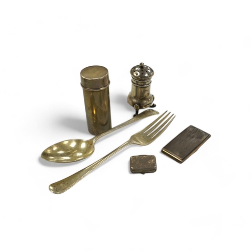 1855 - A group of small silver, including a George IV vinaigrette, shaving brush holder, etc. and a Dutch w... 