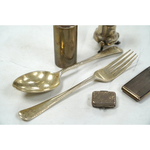 1855 - A group of small silver, including a George IV vinaigrette, shaving brush holder, etc. and a Dutch w... 