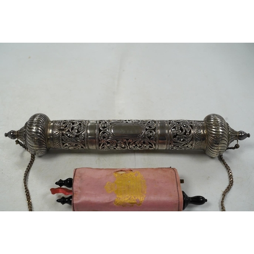 1860 - Two Judaica items, to include a pierced white metal scroll holder, 27cm and a miniature Torah portio... 