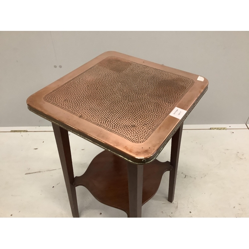 105 - An early 20th century mahogany two tier table with hammered copper top, width 40cm, depth 40cm, heig... 