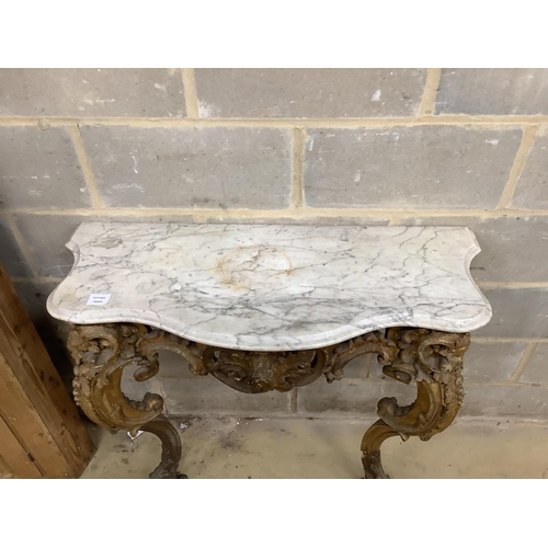 109 - A Victorian giltwood and composition marble top serpentine console table, width 93cm, depth 37cm, he... 