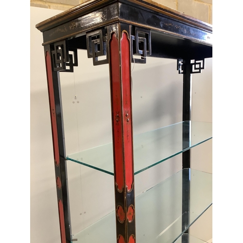 126 - A chinoiserie lacquer open shelf unit, width 133cm, depth 49cm, height 214cm. Condition - fair... 