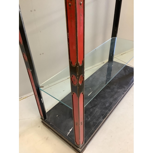 126 - A chinoiserie lacquer open shelf unit, width 133cm, depth 49cm, height 214cm. Condition - fair... 