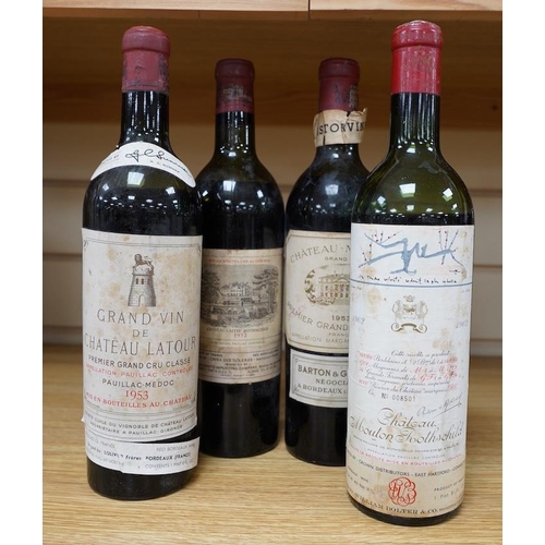 266 - Four bottles of red wine; a Chateau Latour 1953, a Chateau Margaux 1953, a Chateau Mouton Rothschild... 