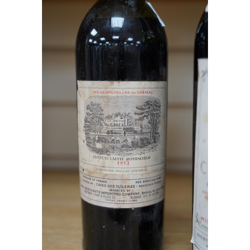 266 - Four bottles of red wine; a Chateau Latour 1953, a Chateau Margaux 1953, a Chateau Mouton Rothschild... 