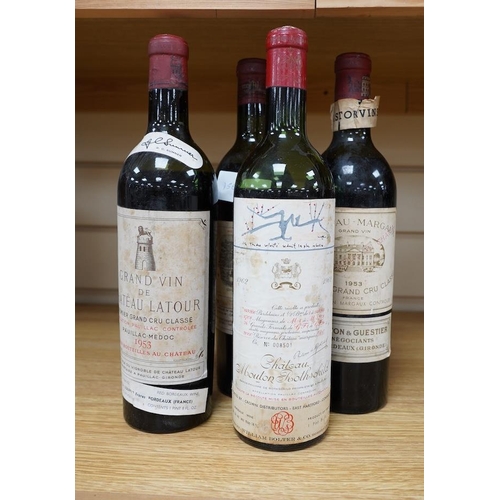 266 - Four bottles of red wine; a Chateau Latour 1953, a Chateau Margaux 1953, a Chateau Mouton Rothschild... 