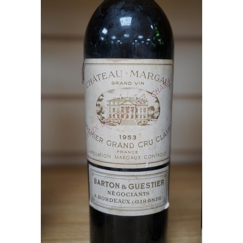 266 - Four bottles of red wine; a Chateau Latour 1953, a Chateau Margaux 1953, a Chateau Mouton Rothschild... 