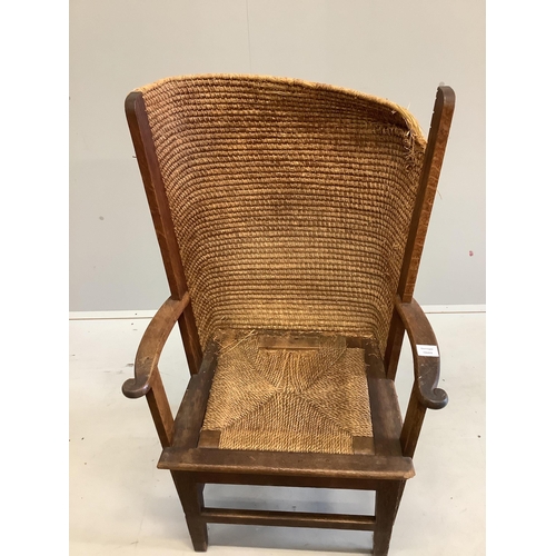 68 - A Victorian oak Orkney chair, width 60cm, depth 48cm, height 108cm. Condition - poor to fair