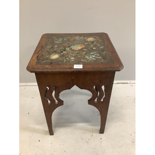 79 - An early 20th century Liberty style square pokerwork occasional table, 46cm, height 60cm. Condition ... 