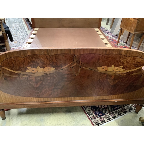 83 - A French Art Deco walnut, amboyna and marquetry kingsize bed and a matching bedside cupboard, width ... 