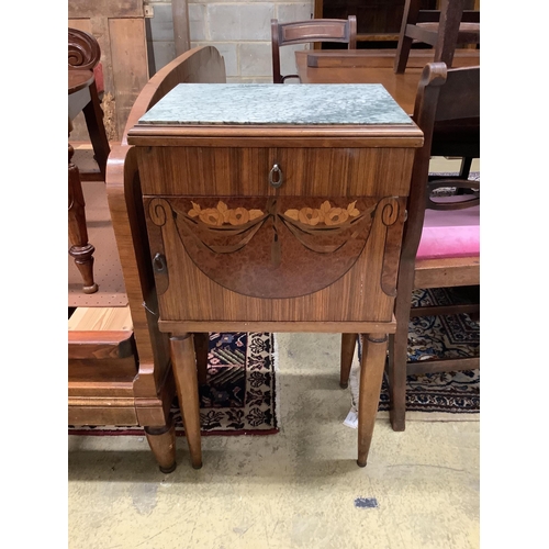 83 - A French Art Deco walnut, amboyna and marquetry kingsize bed and a matching bedside cupboard, width ... 