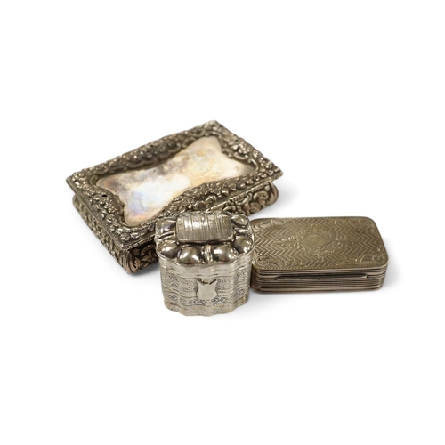 873 - A George IV silver snuff box, by Nathaniel Mills (a.f.), Birmingham, 1827, 84mm, a Dutch white metal... 