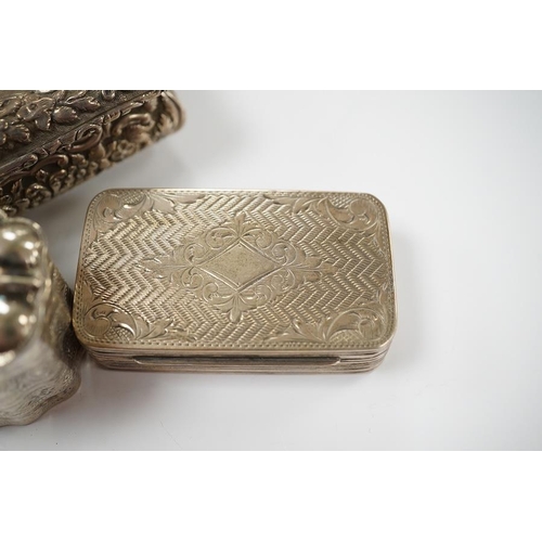 873 - A George IV silver snuff box, by Nathaniel Mills (a.f.), Birmingham, 1827, 84mm, a Dutch white metal... 