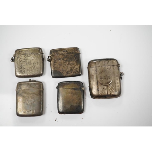 874 - Five assorted late 19th/early 20th century silver vesta cases, largest 58mm. Condition - poor to fai... 