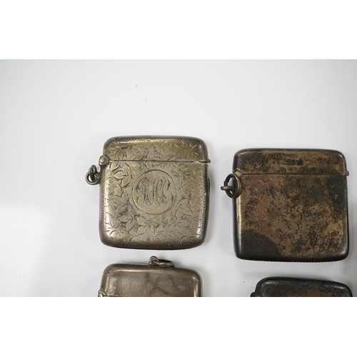 874 - Five assorted late 19th/early 20th century silver vesta cases, largest 58mm. Condition - poor to fai... 