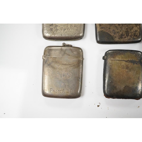 874 - Five assorted late 19th/early 20th century silver vesta cases, largest 58mm. Condition - poor to fai... 