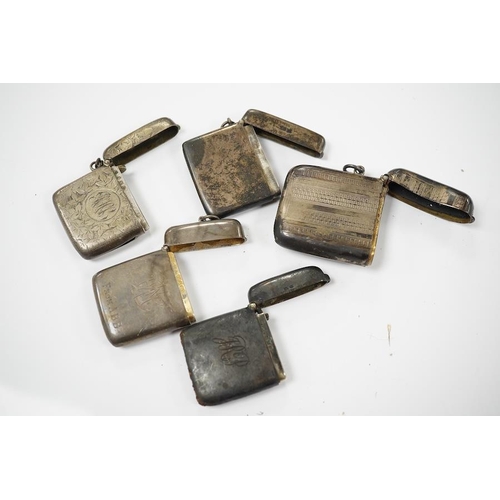 874 - Five assorted late 19th/early 20th century silver vesta cases, largest 58mm. Condition - poor to fai... 