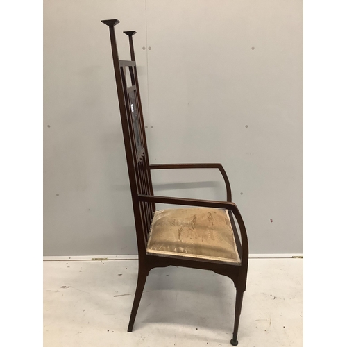 96 - In the manner of Shapland & Petter, an Art Nouveau mahogany high backed elbow chair, the back inset ... 