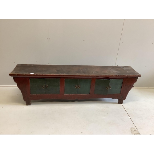 98 - A Chinese painted low hardwood cabinet, width 185cm, depth 38cm, height 52cm. Condition - fair... 