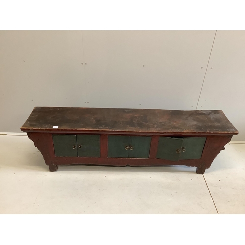 98 - A Chinese painted low hardwood cabinet, width 185cm, depth 38cm, height 52cm. Condition - fair... 