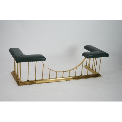 11 - A brass club fender with green leather upholstered padded tops, 175cm wide, 64cm deep, 51cm high... 