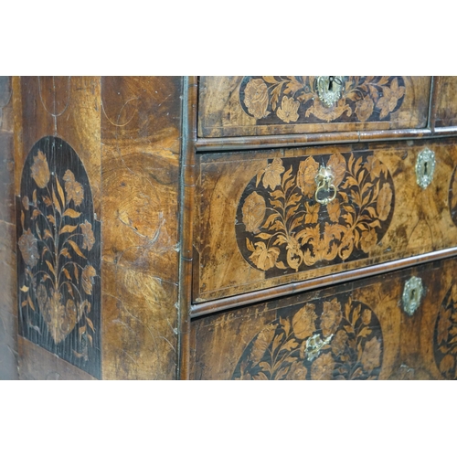 2 - A William and Mary walnut and marquetry chest on stand with floral marquetry panels to the top, fron... 