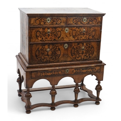 2 - A William and Mary walnut and marquetry chest on stand with floral marquetry panels to the top, fron... 