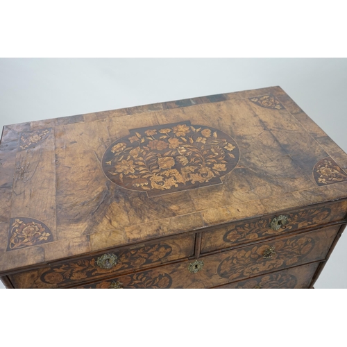 2 - A William and Mary walnut and marquetry chest on stand with floral marquetry panels to the top, fron... 