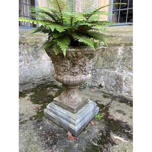 20 - A pair of reconstituted stone garden urns moulded with swags of fruit, on square plinths, diameter 5... 