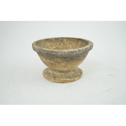 25 - An archaic alabaster footed bowl, possibly Egyptian, mineral encrustation, 15.25cm diameter, 8.5cm h... 