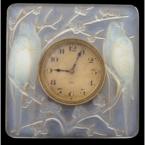 270 - A R. Lalique Quatre Perruches opalescent glass strut timepiece, moulded mark R Lalique, 11.2cm high... 