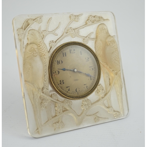 270 - A R. Lalique Quatre Perruches opalescent glass strut timepiece, moulded mark R Lalique, 11.2cm high... 