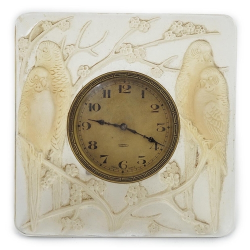 270 - A R. Lalique Quatre Perruches opalescent glass strut timepiece, moulded mark R Lalique, 11.2cm high... 