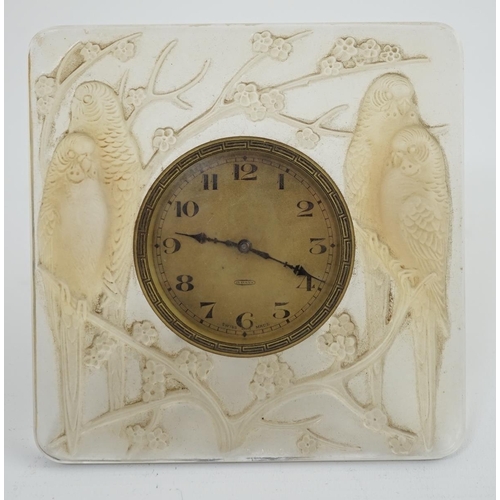 270 - A R. Lalique Quatre Perruches opalescent glass strut timepiece, moulded mark R Lalique, 11.2cm high... 