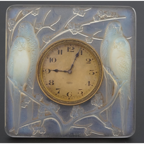 270 - A R. Lalique Quatre Perruches opalescent glass strut timepiece, moulded mark R Lalique, 11.2cm high... 