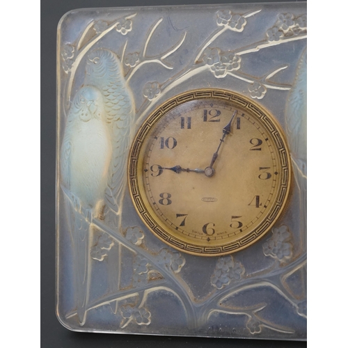 270 - A R. Lalique Quatre Perruches opalescent glass strut timepiece, moulded mark R Lalique, 11.2cm high... 