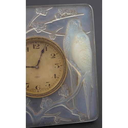 270 - A R. Lalique Quatre Perruches opalescent glass strut timepiece, moulded mark R Lalique, 11.2cm high... 