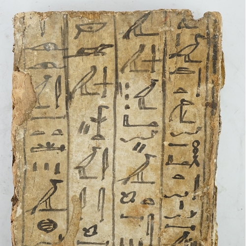 38 - An Ancient Egyptian painted gesso, linen and wood fragment from a coffin or canopic chest, probably ... 