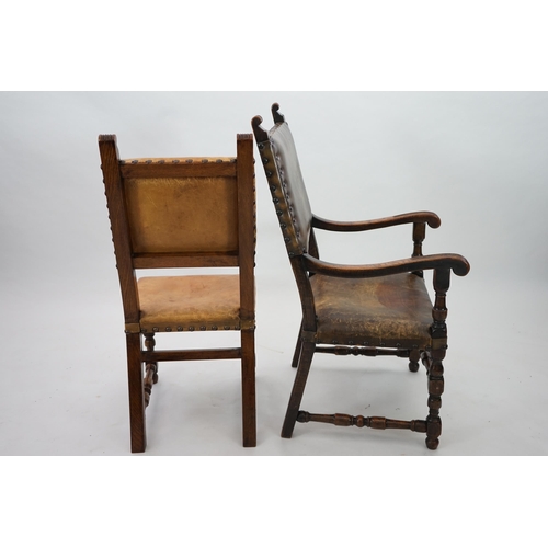 4 - A set of fourteen 17th century style oak dining chairs including a pair of carvers, with brass studd... 