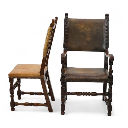 4 - A set of fourteen 17th century style oak dining chairs including a pair of carvers, with brass studd... 