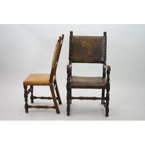 4 - A set of fourteen 17th century style oak dining chairs including a pair of carvers, with brass studd... 