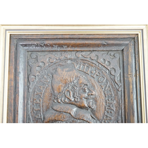 53 - A 17th century oak panel carved with a relief portrait of Pope Alexander VII inscribed Alexan:VII.Po... 