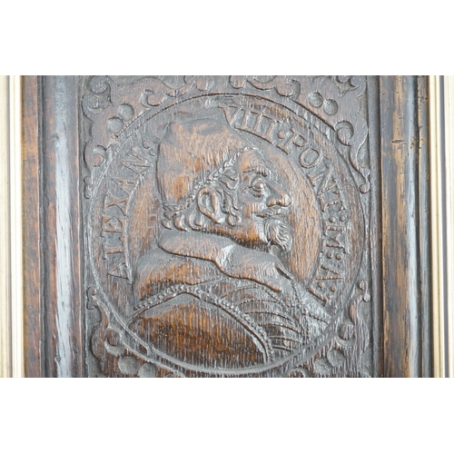 53 - A 17th century oak panel carved with a relief portrait of Pope Alexander VII inscribed Alexan:VII.Po... 