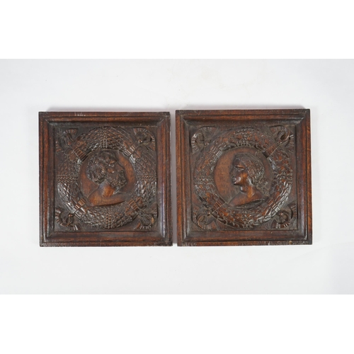 54 - A pair of 17th century carved oak panels of square form, carved with busts of a man and woman within... 