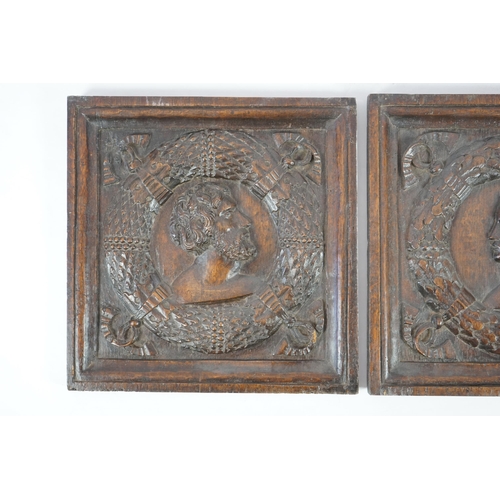 54 - A pair of 17th century carved oak panels of square form, carved with busts of a man and woman within... 