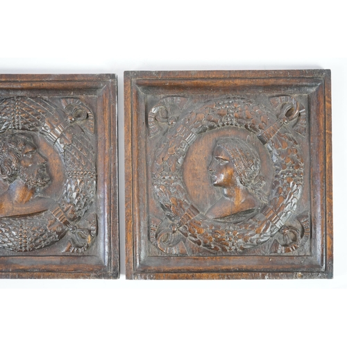 54 - A pair of 17th century carved oak panels of square form, carved with busts of a man and woman within... 