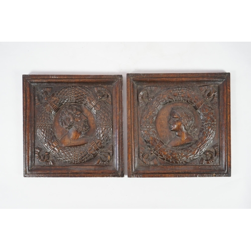 54 - A pair of 17th century carved oak panels of square form, carved with busts of a man and woman within... 