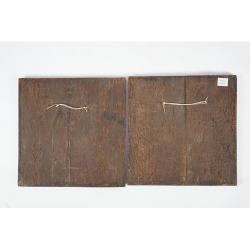 54 - A pair of 17th century carved oak panels of square form, carved with busts of a man and woman within... 