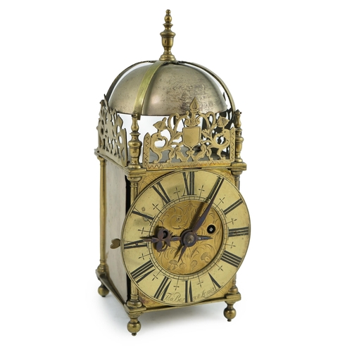 62 - Thomas Barrett of Lewis, [Lewes]. An 18th century brass lantern clock, in traditional case with armo... 